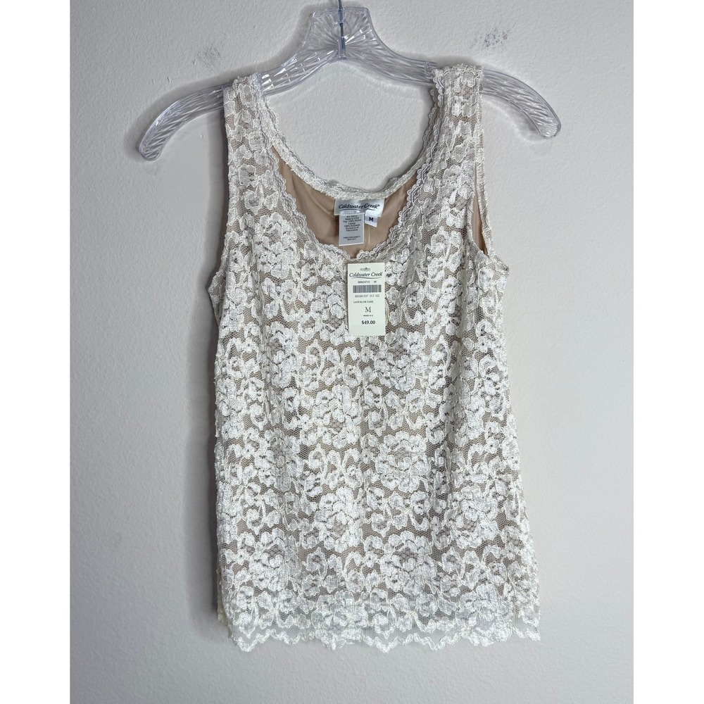 Coldwater Creek Tank Women M Lace SQ NK Tank Ivory White Floral Scalloped Lined
